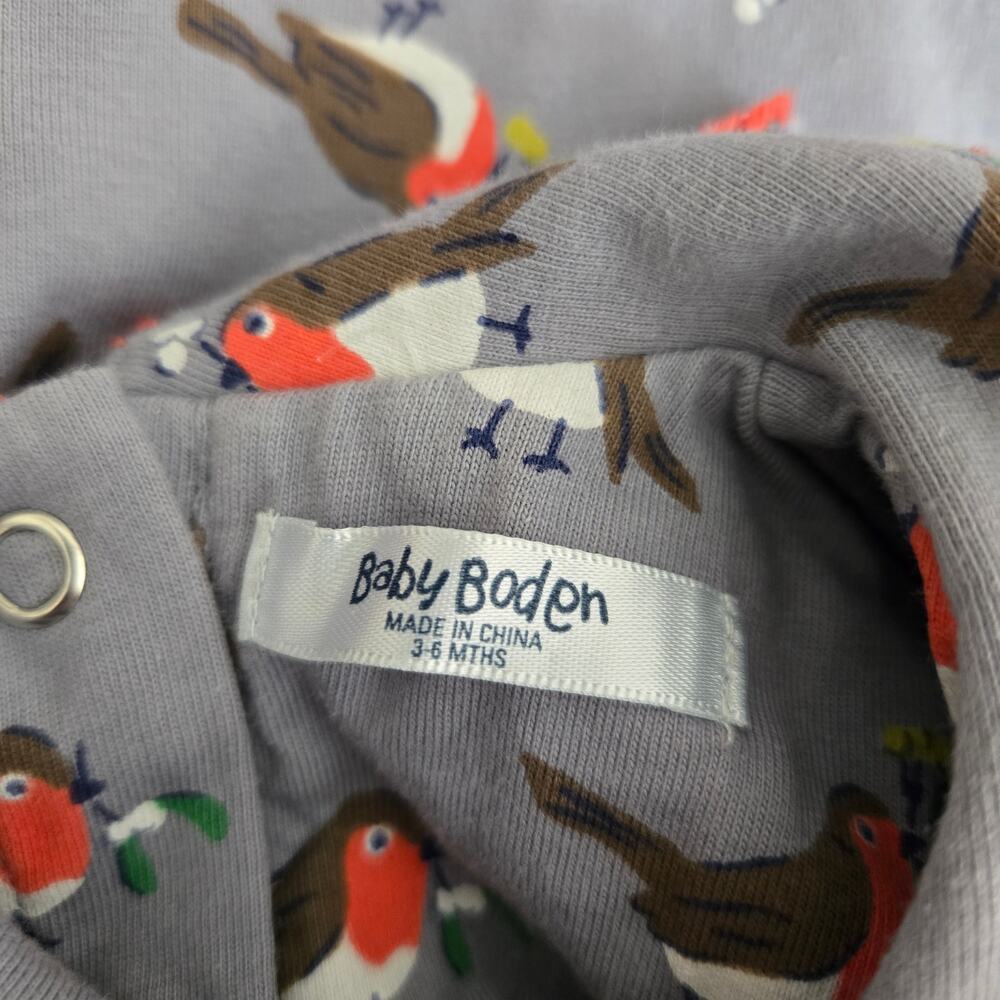 Baby Boden Girl Robin Bird Print Dress Long Sleeve Cotton Fall Gray 3-6 Months - Picture 8 of 10